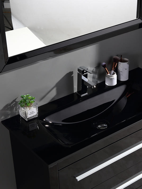 Schwarzes Bodenstehendes Badezimmerschrank-Set mit Massivholzbeinen