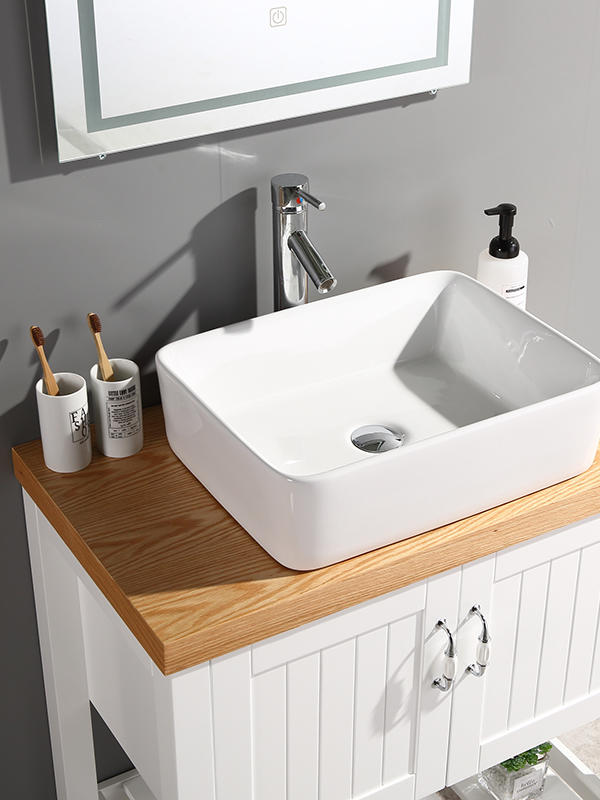 80CM bodenstehender Badezimmerschrank mit Keramikbecken, Holzplatte